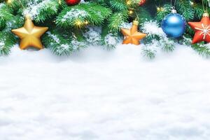 A Festive Christmas Border Snow-Covered Branches with Colorful Ornaments and Twinkling Lights photo
