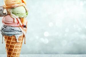 Delightful Multi-Scoop Ice Cream Cone Overflowing with Flavors photo