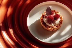 Delectable Raspberry Tart Topped with Whipped Cream photo