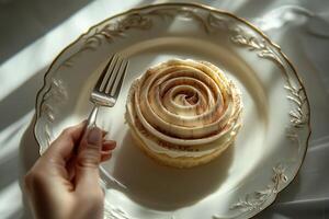 Elegant Swirled Dessert Served on Ornate Plate with Fork photo