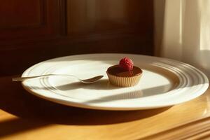 Elegant Chocolate Tart with Raspberry Topping on White Plate photo