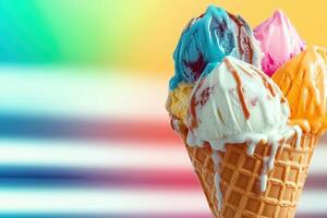 Colorful Ice Cream Cone with Dripping Scoops Against Rainbow Backdrop photo