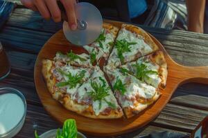 Fresh Arugula Pizza Sliced Perfectly photo