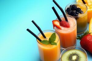 Refreshing Assortment of Tropical Fruit Smoothies with Vibrant Colors photo