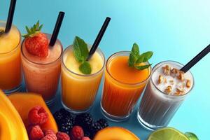Vibrant Collection of Freshly Blended Tropical Fruit Smoothies with Garnishes photo