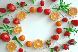 Fresh Fruits and Green Leaves Perfectly Arranged in Circular Pattern photo