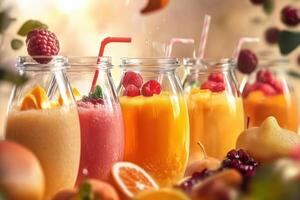 Vibrant Array of Freshly Blended Fruit Smoothies in Glass Jars photo