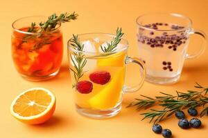 Refreshing Citrus and Berry Infused Drinks in Elegant Glassware photo