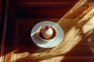Elegant Raspberry-Topped Dessert in Sunlit Shadows photo