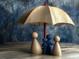 A Family Protected Wooden Figures Under a Large Umbrella, Symbolizing Safety and Security photo