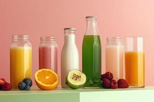 Vibrant Assortment of Healthy Beverages Featuring Fruits and Juices photo