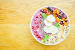 A bowl of fruit and nuts on a table photo