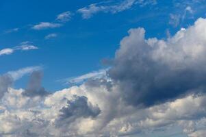 A stunning display of clouds dancing in the vibrant blue sky during a calm afternoon photo