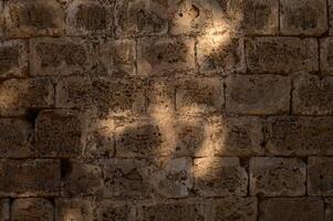 Sunlight dances on an ancient stone wall, creating a beautiful shadow pattern in the quiet afternoon glow photo