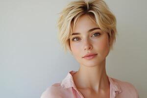 Young woman with short blonde hair and freckles in a light pink top posing in a bright setting photo