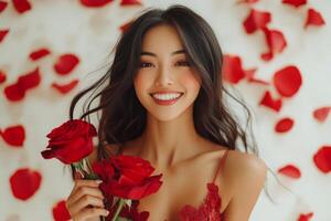 Woman holding red roses surrounded by rose petals in a bright, cheerful setting photo