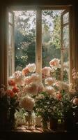 Beautiful bouquet of roses blooming by a sunlit window in a tranquil garden setting photo