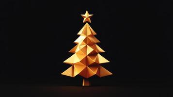 A golden Christmas tree with stars and lights on a dark background photo