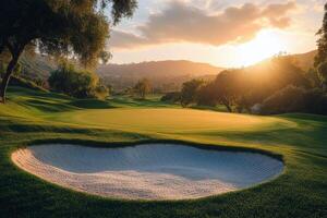Beautiful sunset over a serene golf course with ponds and lush greenery in summer photo