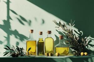 Elegant arrangement of olive oil bottles with olives and leaves against a green background photo