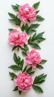 Pink peonies with lush green leaves arranged neatly on a light background photo
