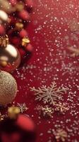 Festive holiday decorations featuring red and gold ornaments and snowflakes on a vibrant background photo