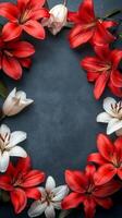 Beautiful arrangement of red and white lilies on a dark background creating a floral frame photo