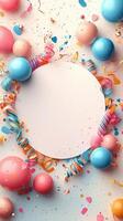 Balloons and confetti frame a blank space for a celebration invitation or greeting card photo