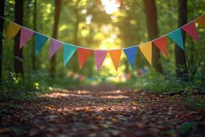 Decorative flags hang above a wooden deck with colorful confetti in a vibrant forest setting photo