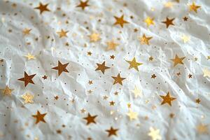 A multitude of golden stars scattered across a white background for creative decoration photo