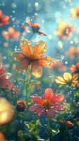 Bright orange flowers glisten with droplets in a lush garden during a sunny afternoon photo