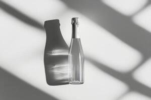A clear glass bottle casting a shadow on a light surface in an indoor setting during daytime photo