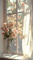 Soft pink roses beside a bright window with blooming flowers visible on a sunny day photo