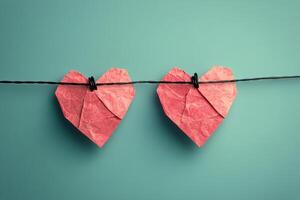 Two hanging hearts in pastel colors against a light background for decoration or design purposes photo