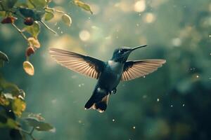 A hummingbird hovers near green leaves on a sunny day in a tranquil garden photo