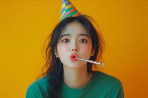 Girl celebrating a birthday wearing a party hat and holding a blowout in a festive setting photo