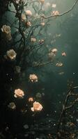 Soft sunlight filters through trees, illuminating delicate pink roses in a tranquil setting photo