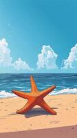 A large starfish rests on the sandy beach with vibrant blue ocean and fluffy white clouds photo