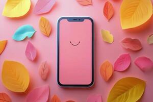 A cheerful smartphone surrounded by colorful autumn leaves on a bright background photo