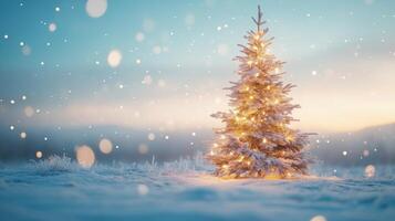A snow covered Christmas tree adorned with red ornaments in a winter landscape at dawn photo