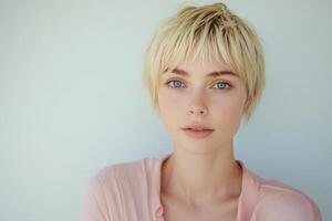 Young woman with short blonde hair and freckles in a light pink top posing in a bright setting photo