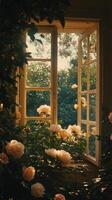 Beautiful bouquet of roses blooming by a sunlit window in a tranquil garden setting photo