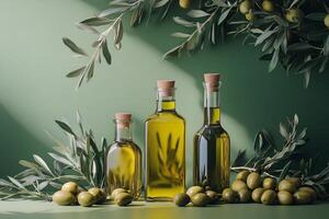 Elegant arrangement of olive oil bottles with olives and leaves against a green background photo
