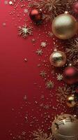 Festive holiday decorations featuring red and gold ornaments and snowflakes on a vibrant background photo