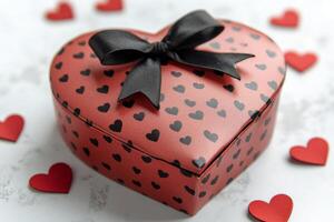 Decorative heart shaped gift box with ribbon and small heart accents on a light background photo