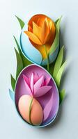 Colorful paper flowers with cut out petals on a light background in an artistic display photo