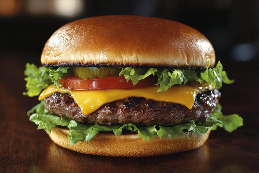 Fresh cheeseburger with lettuce on a sesame seed bun served on a wooden table at a diner photo