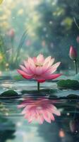 A beautiful pink lotus flower blooming in tranquil waters surrounded by green lily pads photo