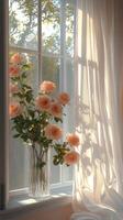Soft pink roses beside a bright window with blooming flowers visible on a sunny day photo