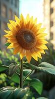 A vibrant sunflower blooming against a textured turquoise wall in warm daylight photo